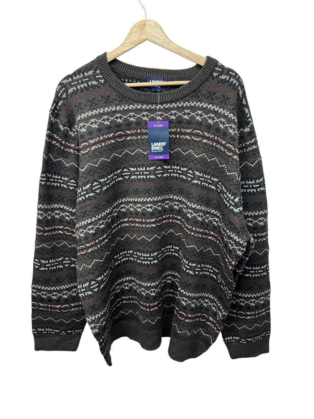 Lands' End Women's Brown Fair Isle Crewneck Long Sleeve Sweater Men's Size XXL